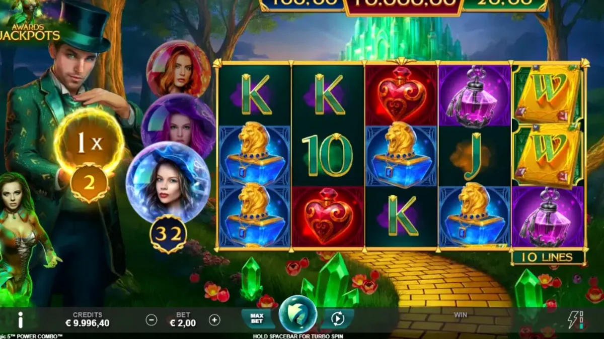 Cenário mágico do slot Book of Oz Magic 5 Power Combo com elementos de fantasia